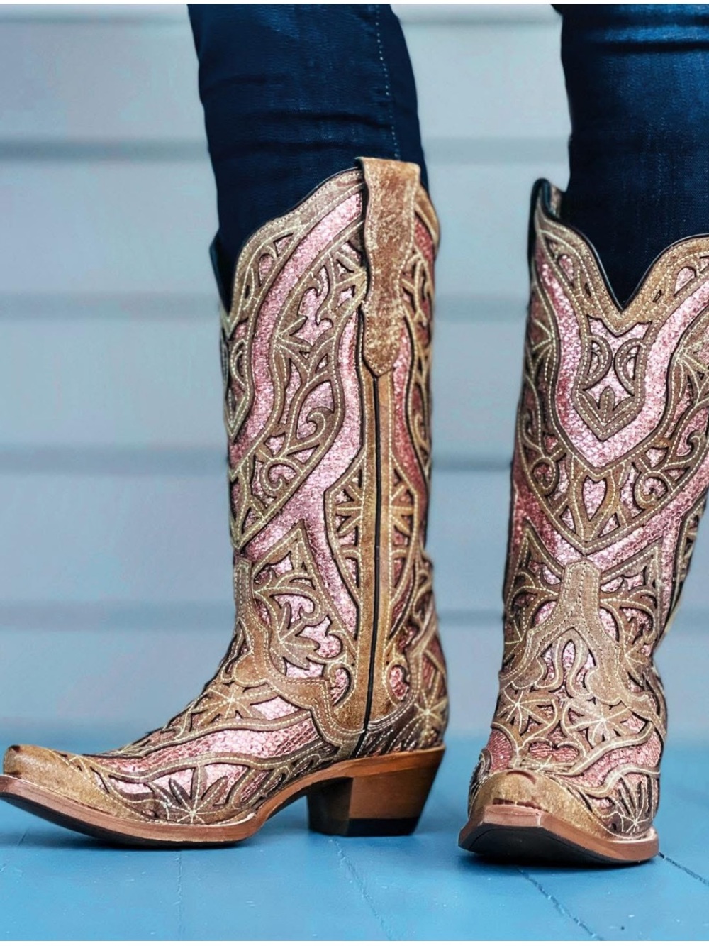 J.B. Dillon Tan Rose Gold Sparkle Embroidered Western Rodeo Corral Cowgirl Boots